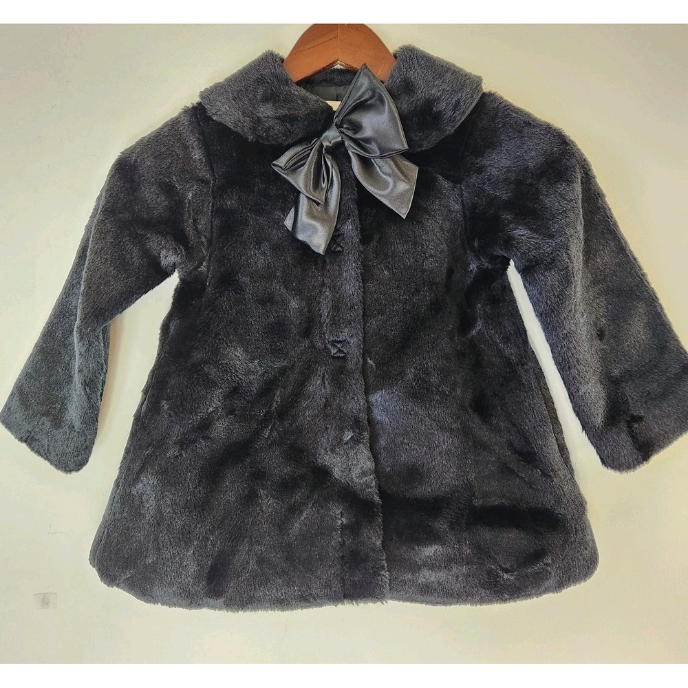 Copper Key Girls 4/5 Black Faux Fur Coat Bow Holiday Party Dressy Formal Winter